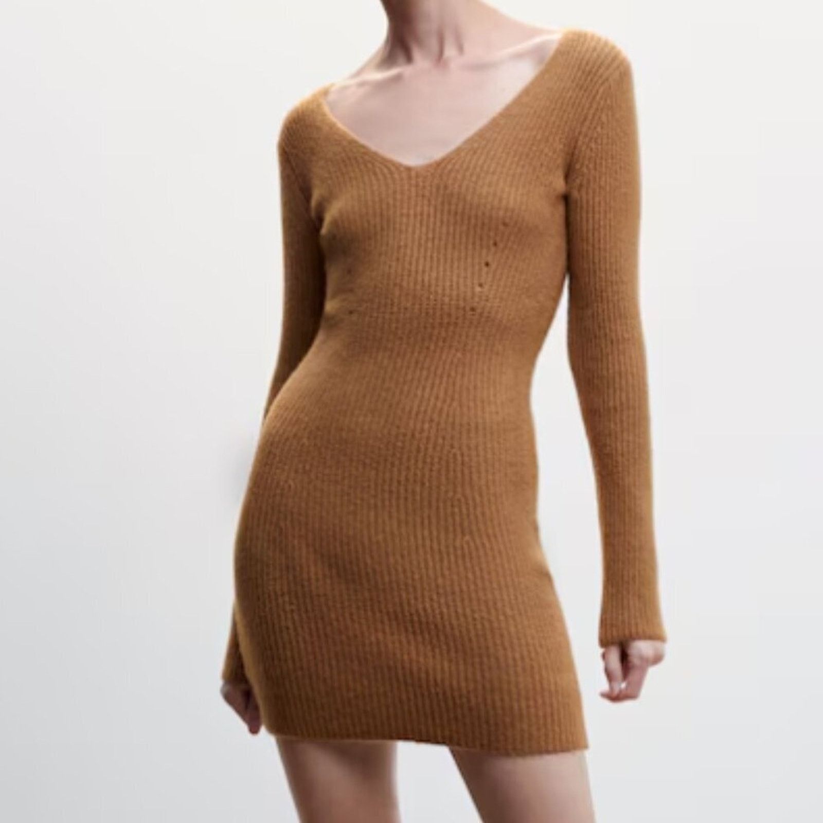 Mango Mango Short Knitted Dress Long Sleeve Brown NWT Size 6 Size M / US 6-8 / IT 42-44 - 3 Thumbnail