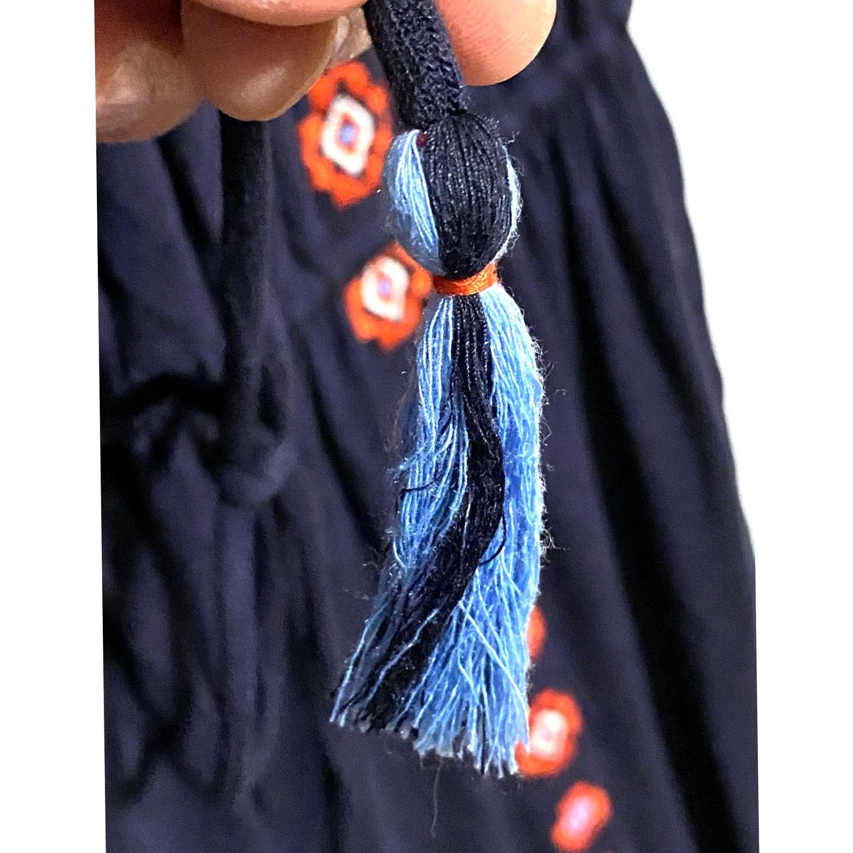 Loft Loft Off Shoulder Embroidered Navy Dress S Tassel Boho Peasant Cinched Tie Waist Dress Women S Navy Geometric Embroidery Bohemian 90s Inspired Size S / US 4 / IT 40 - 5 Thumbnail
