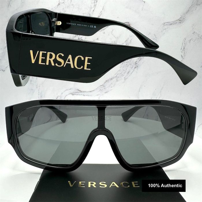 Versace VERSACE Sunglasses Black Aviator Wrap Shield Logo Authentic ...