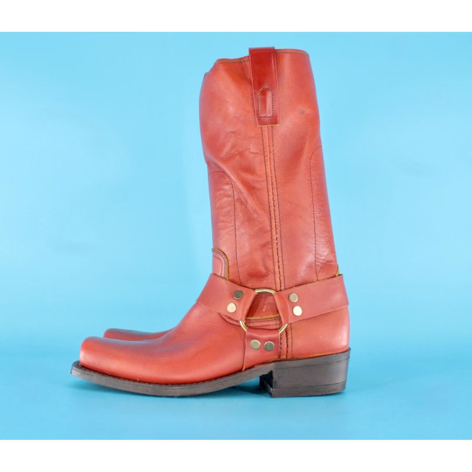 Vintage VTG 70s Boots Texas Boots Mens VTG 70s Red Brown Harness Boots Sz 7 D Leather Cowboy Motorcycle Biker Size US 7 / EU 40 - 4 Thumbnail