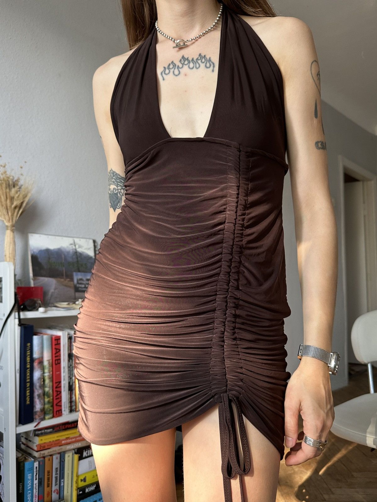 Seditionaries × Vintage Sexy Shiny Halter Ruched Draped Mini Micro Dress Gossigirl Size L / US 10 / IT 46 - 2 Thumbnail