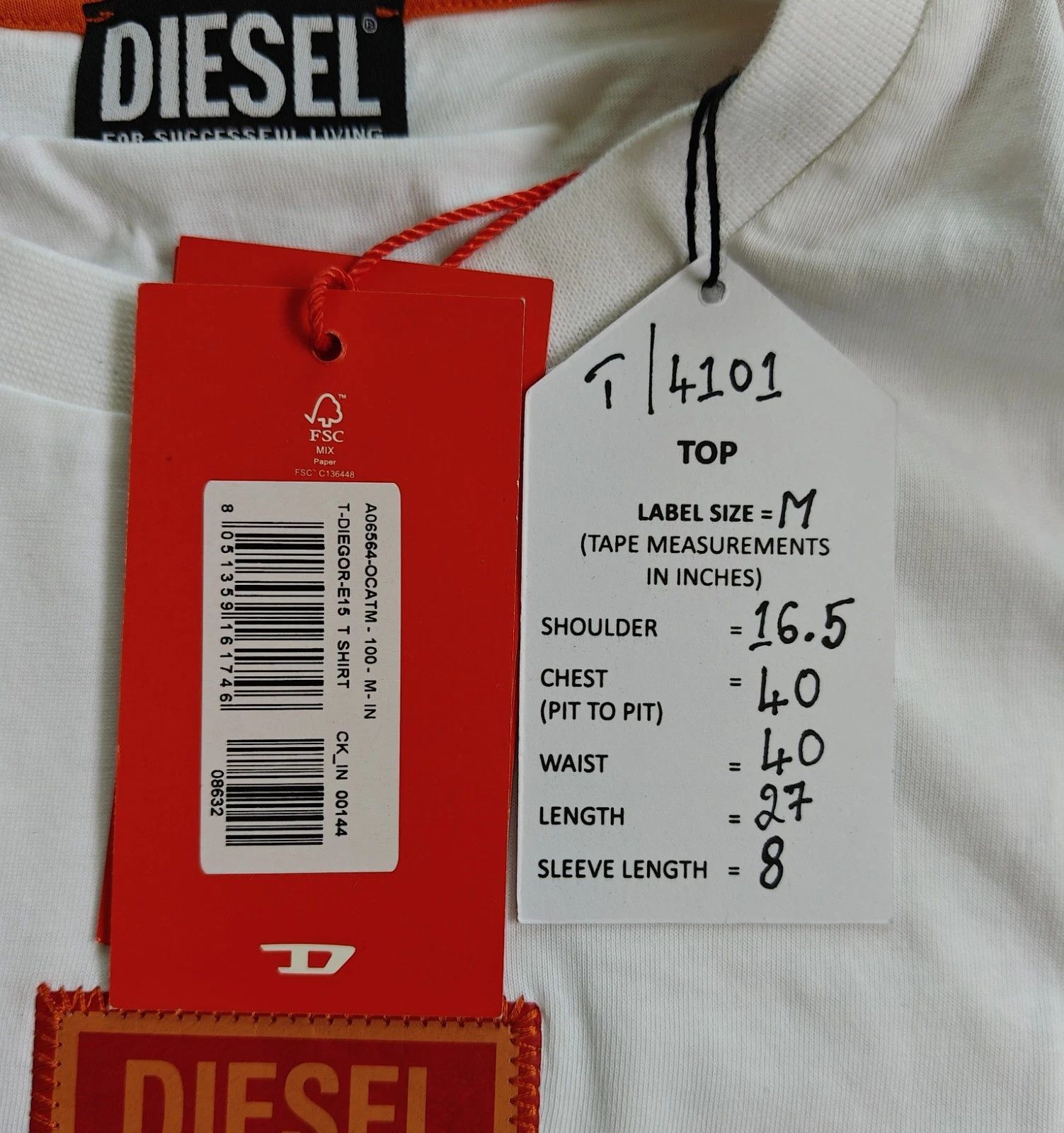 Diesel DIESEL White T-Shirt With Logo Patch T 4101 Size US M / EU 48-50 / 2 - 5 Thumbnail