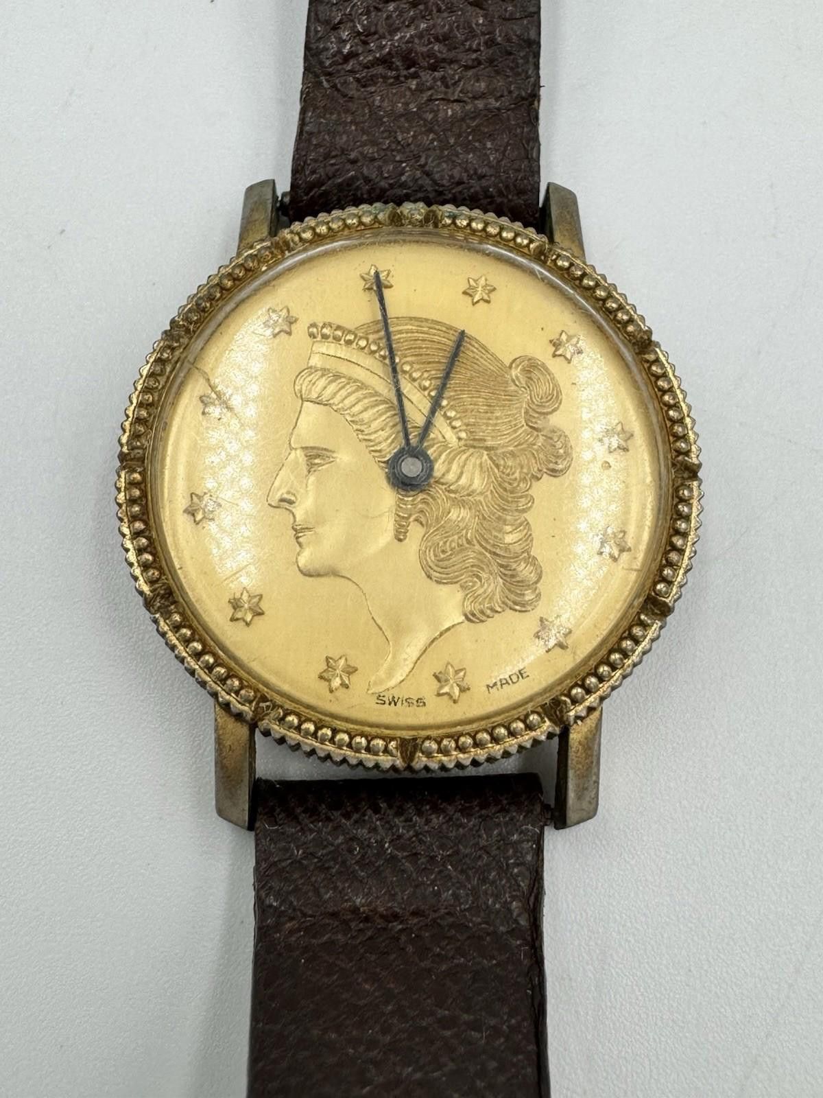 Bluer Denim Buler Swiss Coin-Style Dial Watch Liberty Motif Rare 60s Size ONE SIZE - 5 Thumbnail