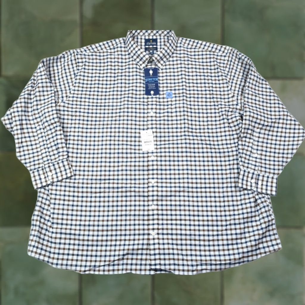 Stafford STAFFORD Travel Stretch Oxford Shirt Mens Big 20 Brown Blue Plaid Button-Down Size US XXL / EU 58 / 5 - 1 Thumbnail