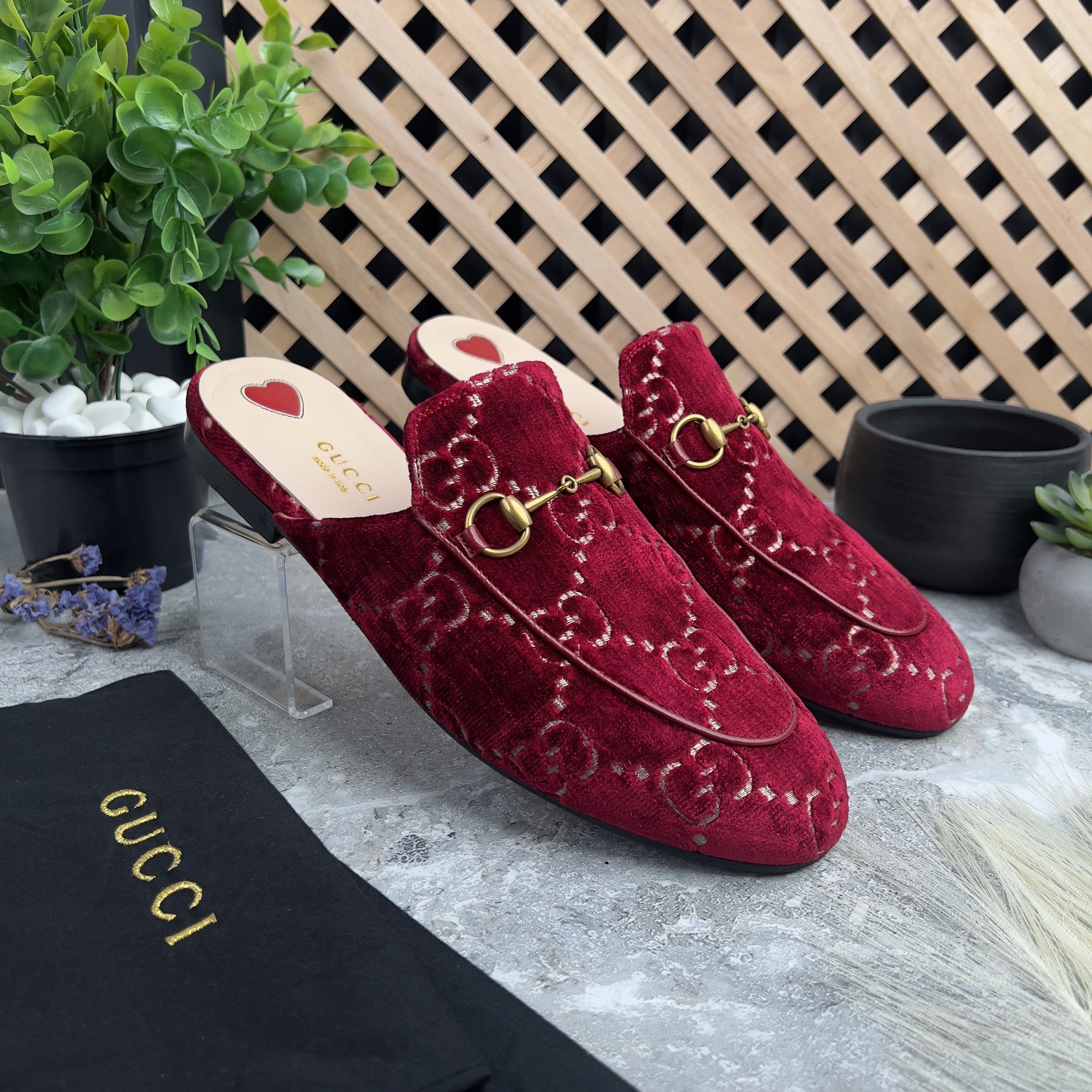 Gucci Princetown Horsebit GG Monogram Mule Red Velour Size US 8 / IT 38 - 1 Thumbnail
