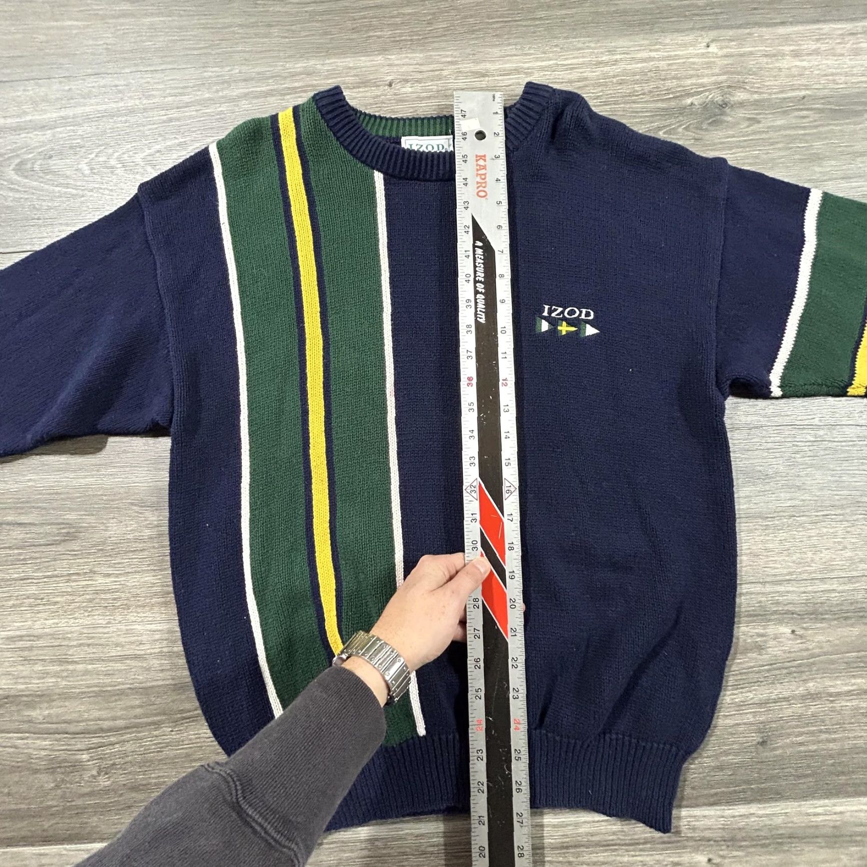 Izod VINTAGE Izod Sweater Mens M Navy Green Striped Cotton Nautical Preppy Pullover Crew Neck Knit Size US M / EU 48-50 / 2 - 6 Thumbnail