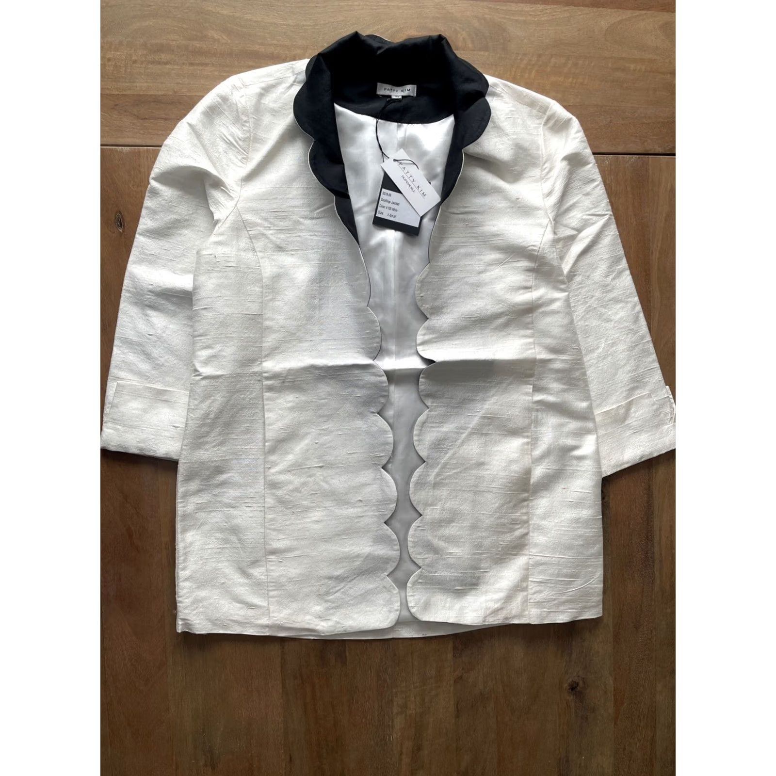 Vintage Patty Kim Blazer Womens XS White 100% Silk Open Front 3/4 Sleeve Lined Lightweight Dupion Silk Size XS / US 0-2 / IT 36-38 - 2 Thumbnail