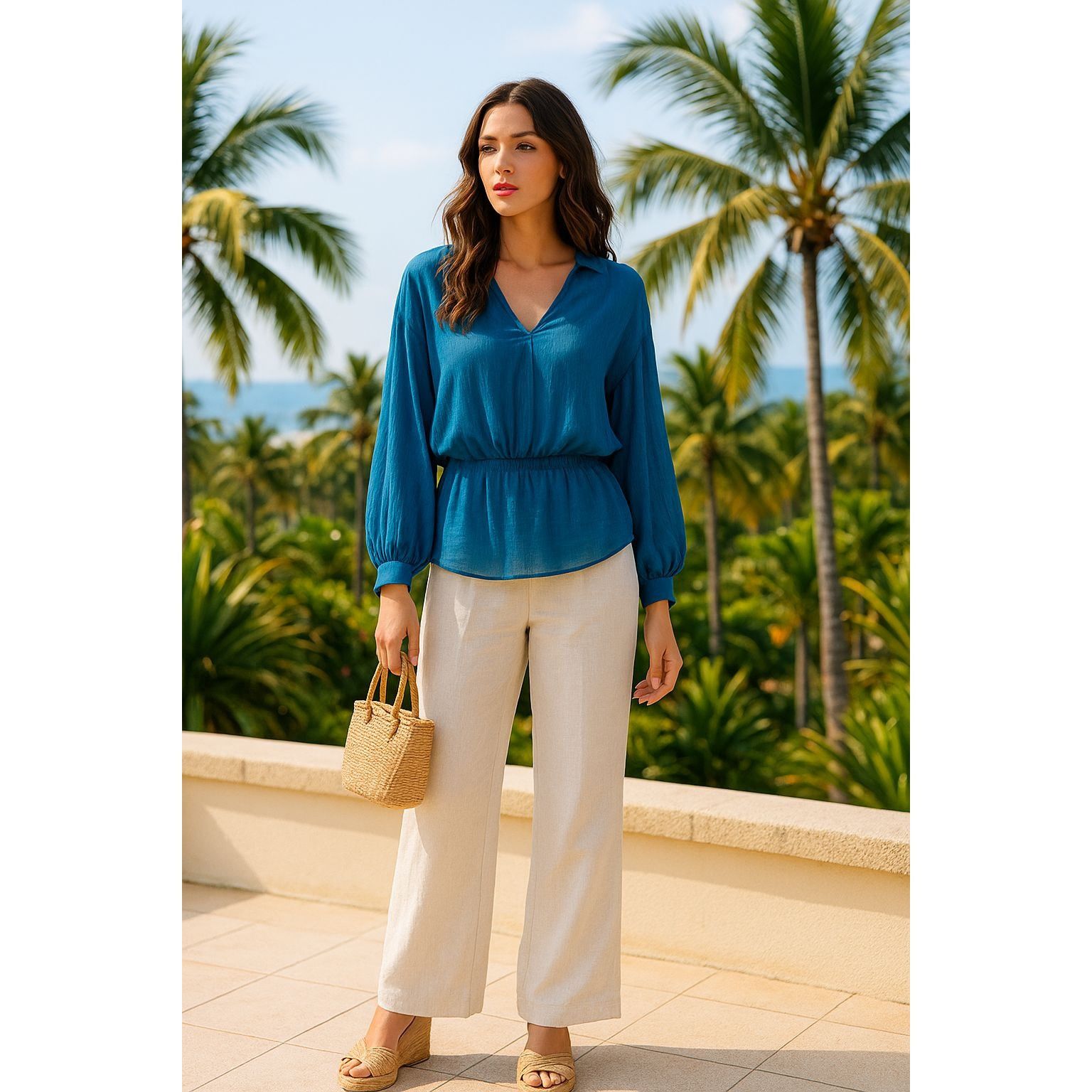 Other 7th Avenue New York Company Large Teal Sheer Blouse V neck L Size L / US 10 / IT 46 - 3 Thumbnail