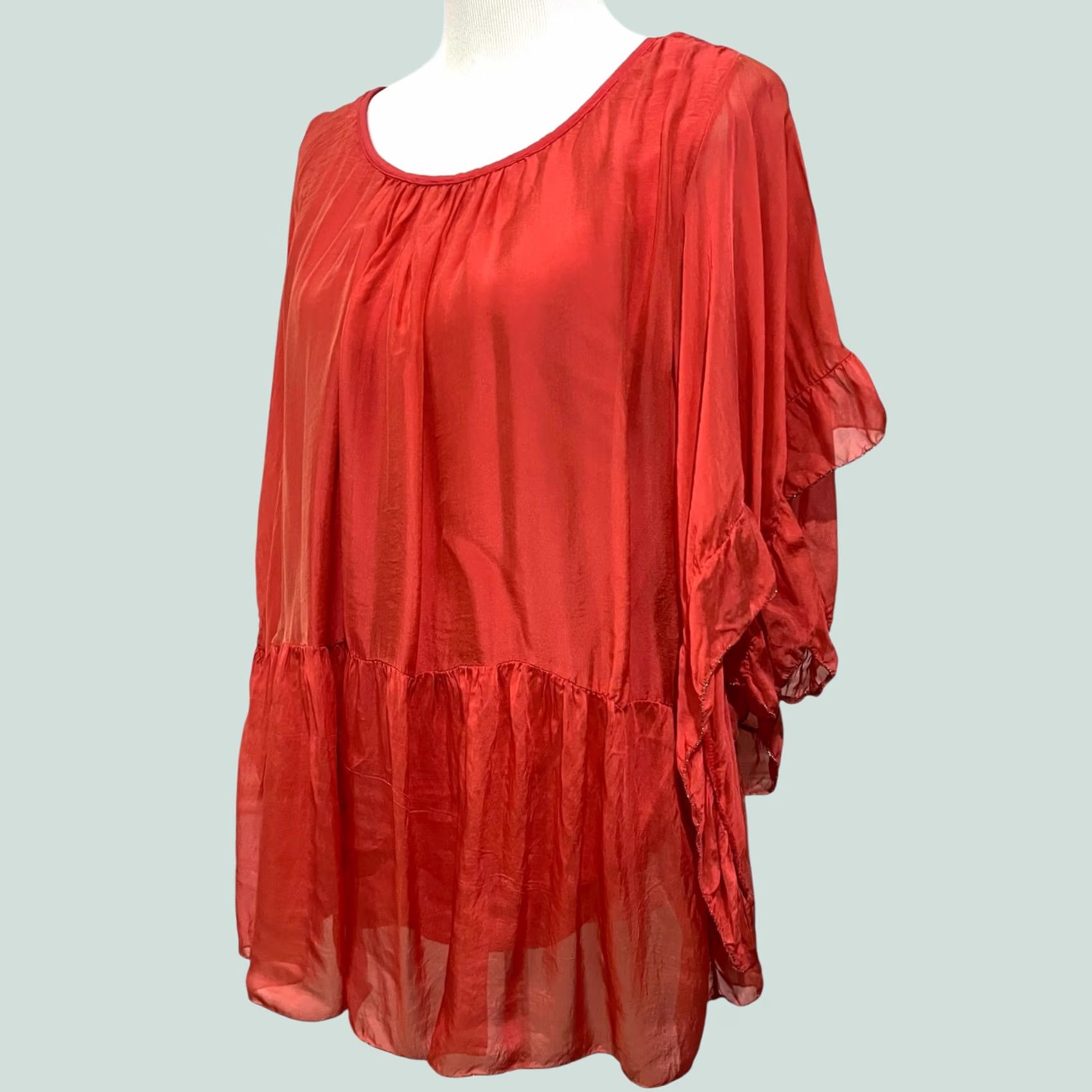 Vintage Belle France Silk Blend Top Blouse M Coral Boho Fairycore Ethereal Flowing Kimono Sleeve Women Smart Casual Party/Cocktail Regular XS? Size M / US 6-8 / IT 42-44 - 1 Thumbnail