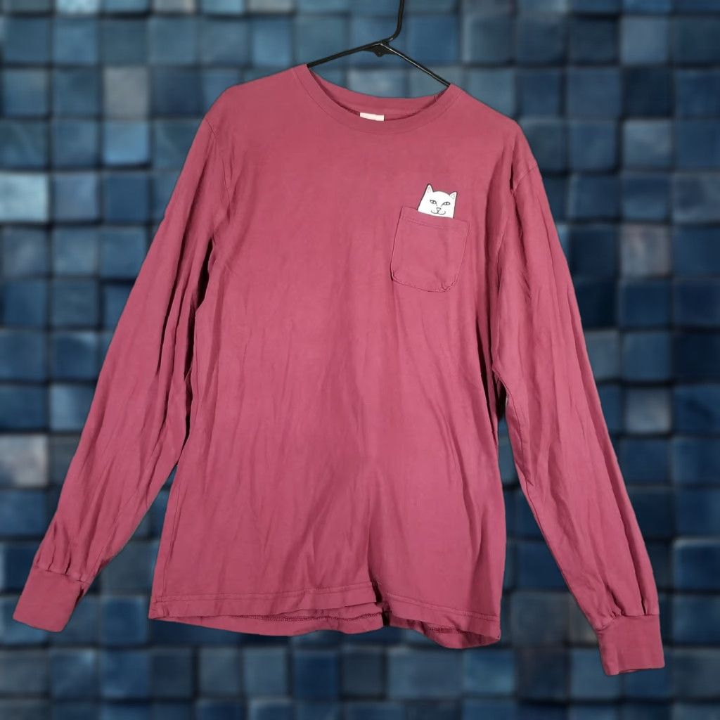 RIPNDIP RIPNDIP Long Sleeve Pocket T-Shirt Mens Medium Maroon Cat Graphic Skatewear Cotton Size US M / EU 48-50 / 2 - 1 Thumbnail