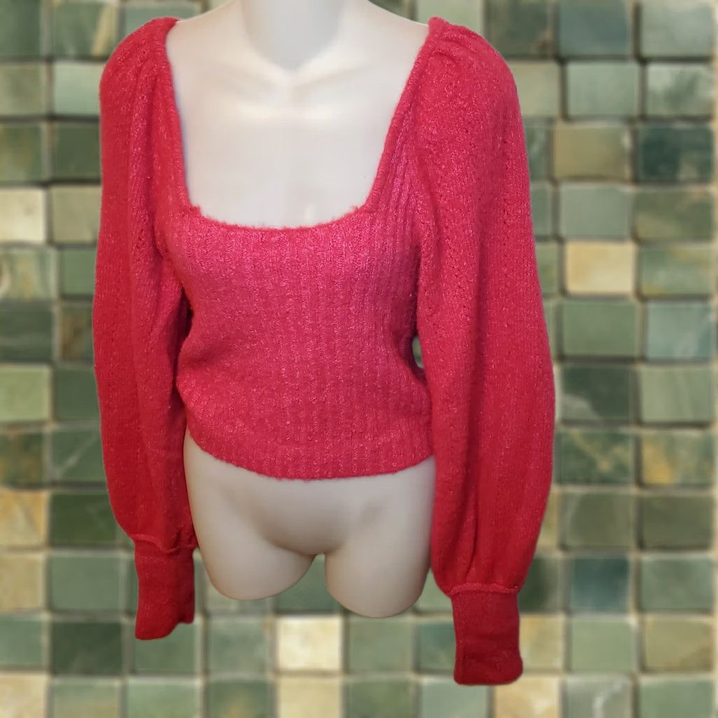 Free People Free People Katie Mix Stitch Scoop Square Neck Sweater Pink Sz M Balloon Sleeve Size M / US 6-8 / IT 42-44 - 1 Thumbnail