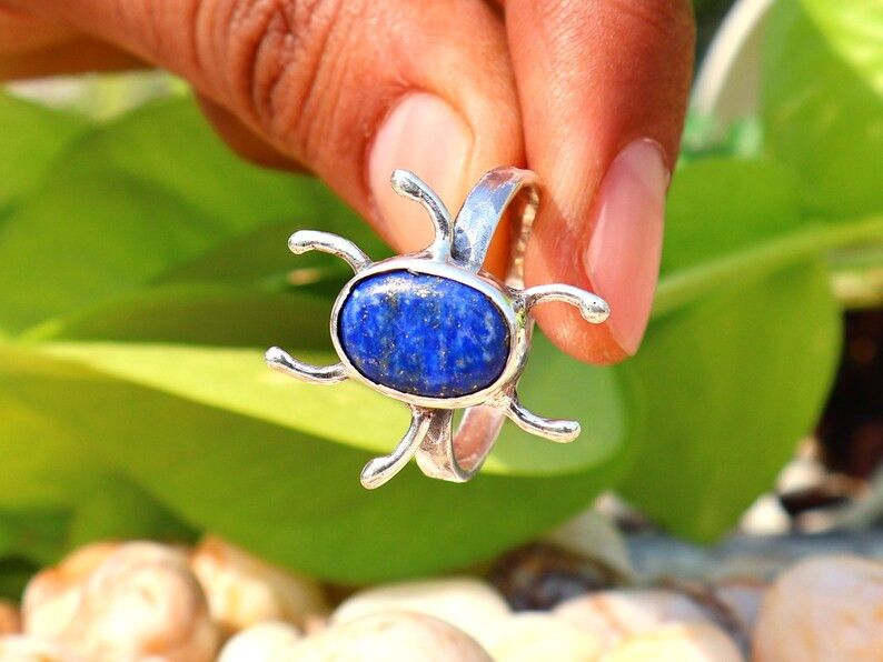 Handmade Lapis Lazuli Insect Ring, Handmade 925 Silver Scarab Beetle Size ONE SIZE - 5 Thumbnail