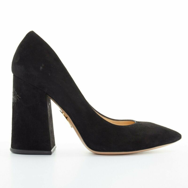 Charlotte Olympia CHARLOTTE OLYMPIA black suede point toe spider embroidered chunky high heel EU35 Size US 5 / IT 35 - 1 Thumbnail