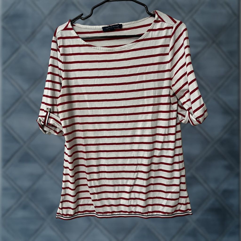 Tommy Hilfiger TOMMY HILFIGER Womens T-Shirt Size M White Red Striped Short Sleeve Side Zip Size M / US 6-8 / IT 42-44 - 1 Thumbnail