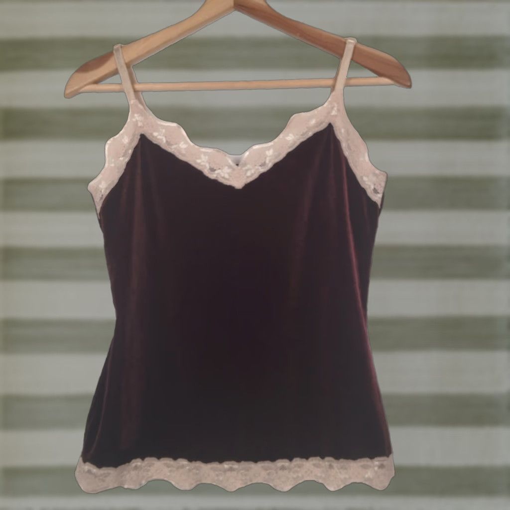 Vintage New York & Company Intimates Tank Cami Lace Trim Y2K Vintage Burgundy Tan Camisole Womens L Size L / US 10 / IT 46 - 1 Thumbnail