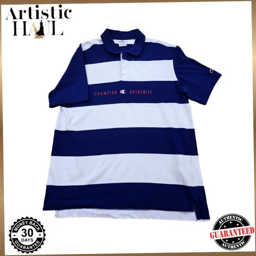 Champion Champion Navy White Striped Polo Shirt Men's L 100% Cotton Size US L / EU 52-54 / 3 - 2 Thumbnail