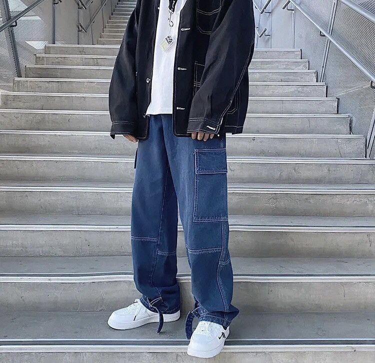 Light Blue Cargo jeans Wide Leg Denim Loose Straight Baggy