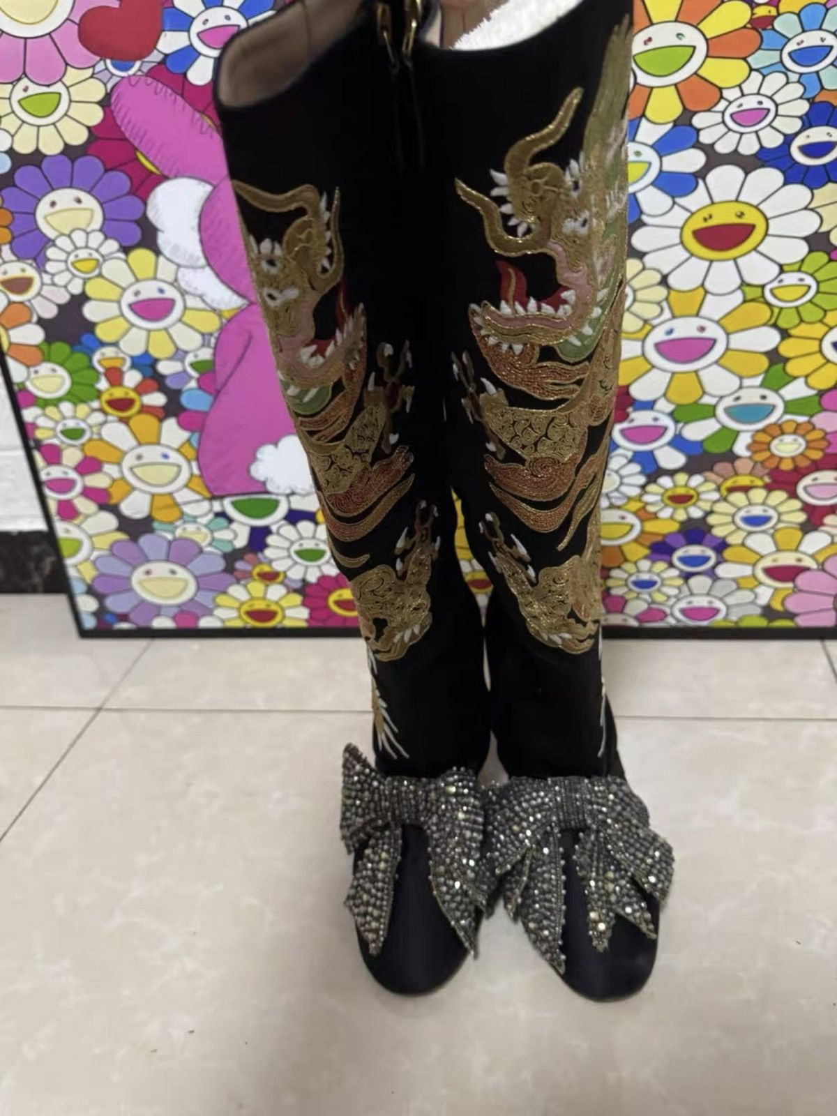 Gucci Runway Black Dragon Boots With Sparkly Bows 38 Size US 8 / IT 38 - 4 Thumbnail