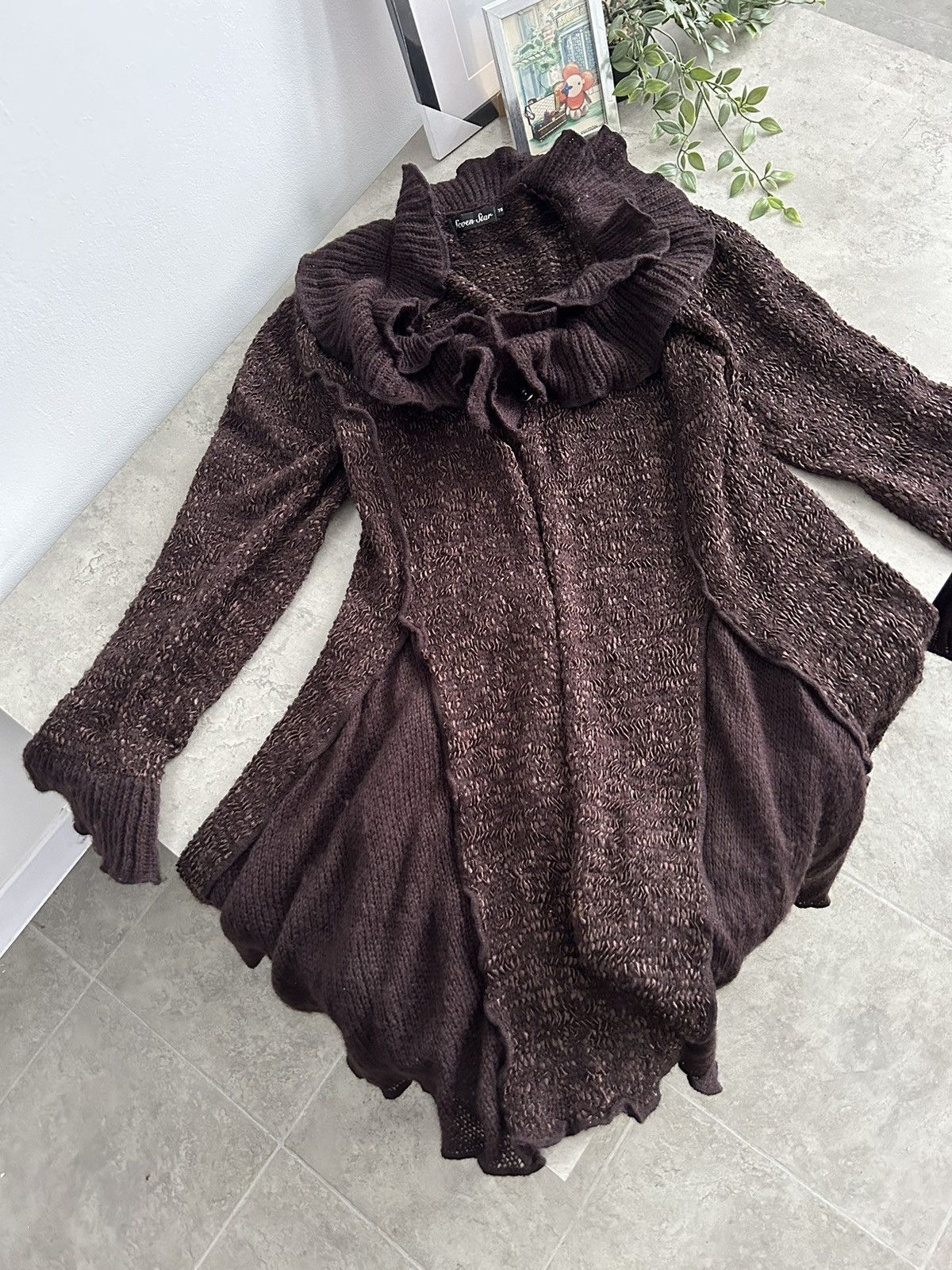 Vintage Gorgeous Long Knit Cardigan Brown Ruffle Y2K Vintage Size M / US 6-8 / IT 42-44 - 6 Thumbnail