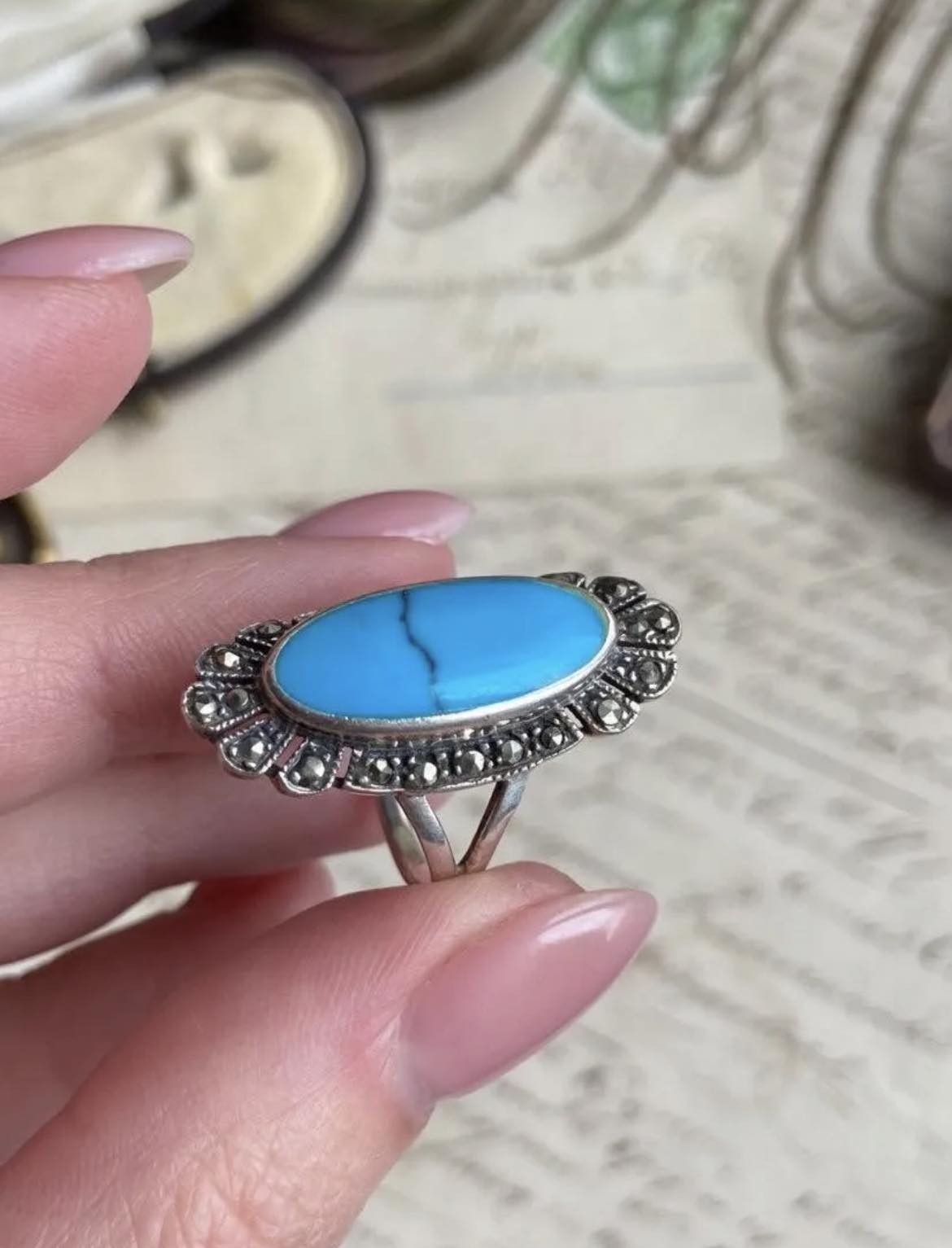 Jewelry Vintage Sterling Silver 925 Ring Natural Turquoise Size 6 Size ONE SIZE - 4 Thumbnail