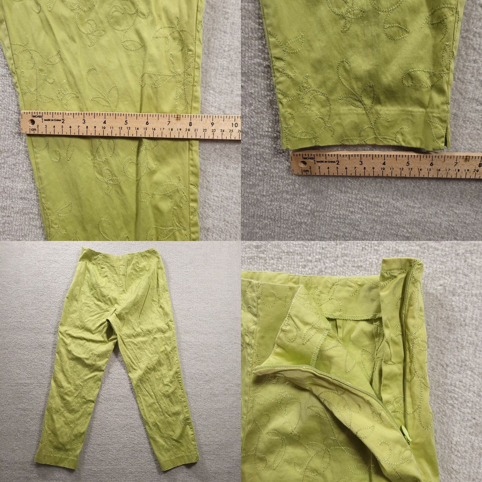 Vintage Dressbarn Green Floral Embroidered Cropped Pants Capri Size 10 Side Zip Size 32" / US 10 / IT 46 - 8 Thumbnail
