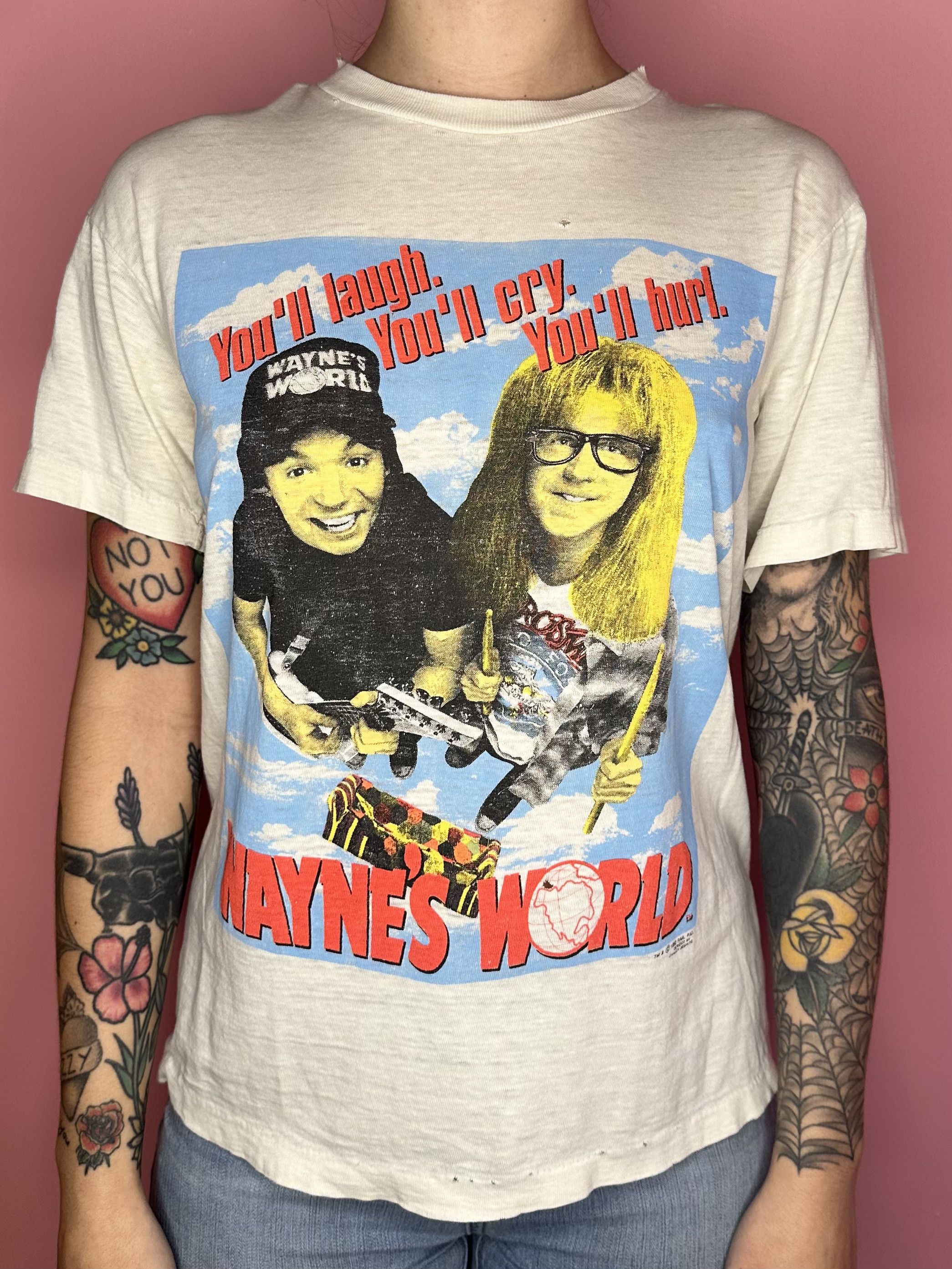 image of Waynes World Official Movie T-Shirt 1992 in White, Men's (Size Small)