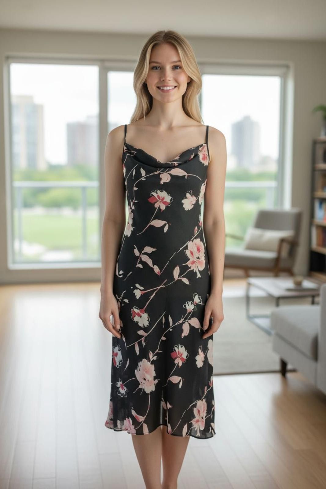 Designer New York & Company Black Floral Midi Slip Dress Size M / US 6-8 / IT 42-44 - 2 Thumbnail