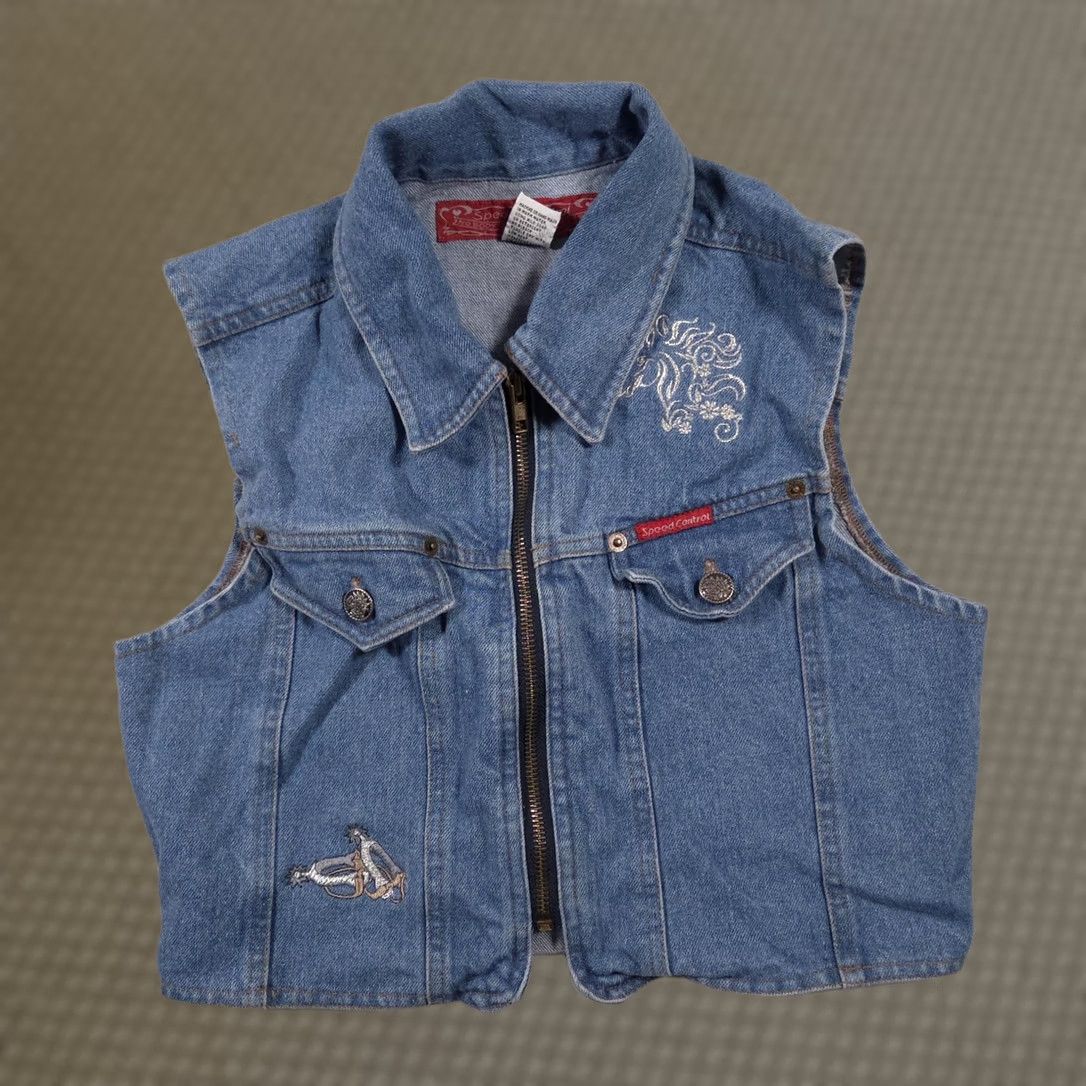 Speedo VINTAGE Speed Control Vest Girls Small Blue Denim Zip Front Embroidered Horse Western Size S / US 4 / IT 40 - 1 Thumbnail
