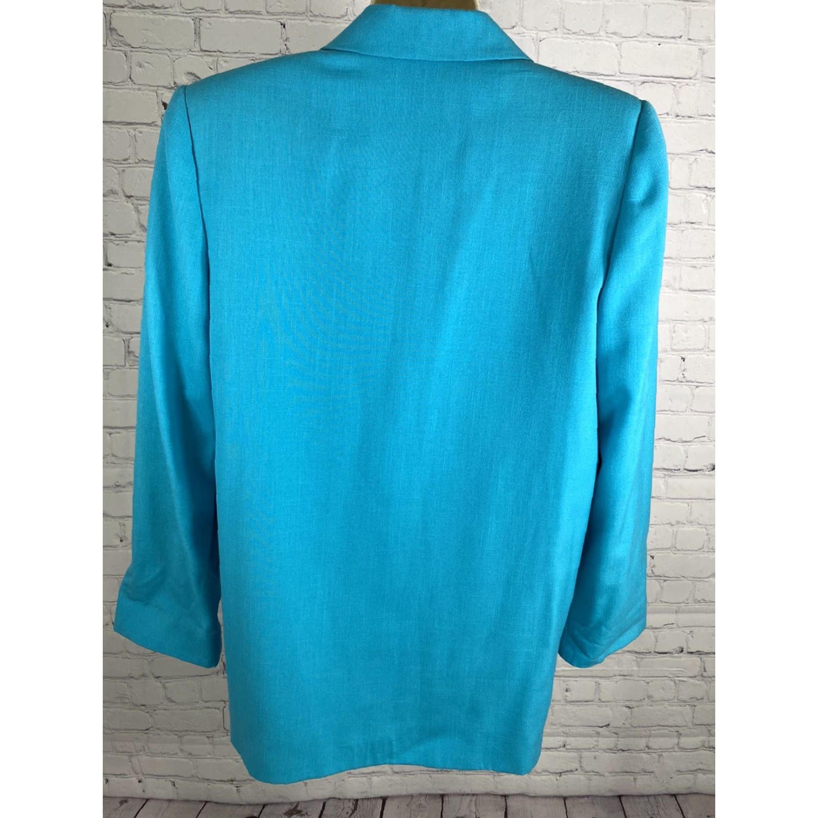 Vintage VTG Lynn Greene Blazer Women’s 10 Notch Lapel Single Button Jacket Solid Blue Mid-Length Lined Polyester Rayon Size L / US 10 / IT 46 - 4 Thumbnail
