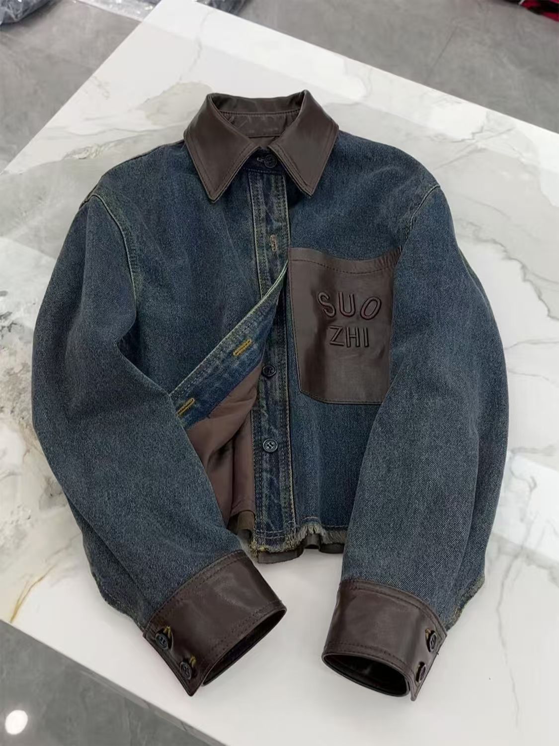 Vintage New Washed Denim & Faux Leather Shirt Jacket Size US L / EU 52-54 / 3 - 1 Thumbnail