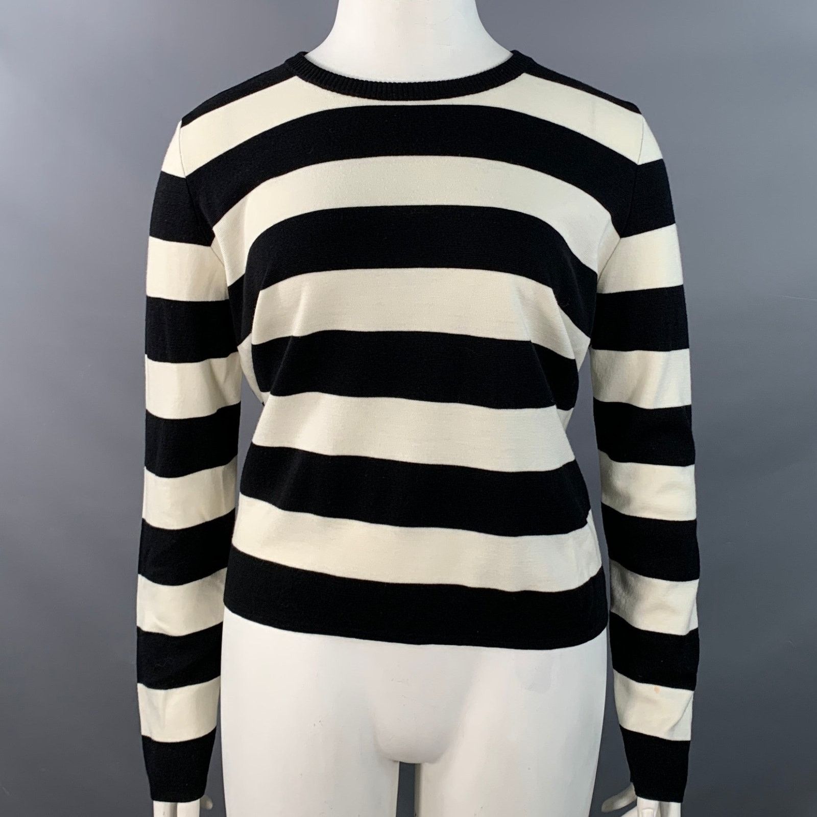Max Mara MAX MARA White Black Virgin Wool Stripe Crew Neck Pullover Size L / US 10 / IT 46 - 1 Thumbnail