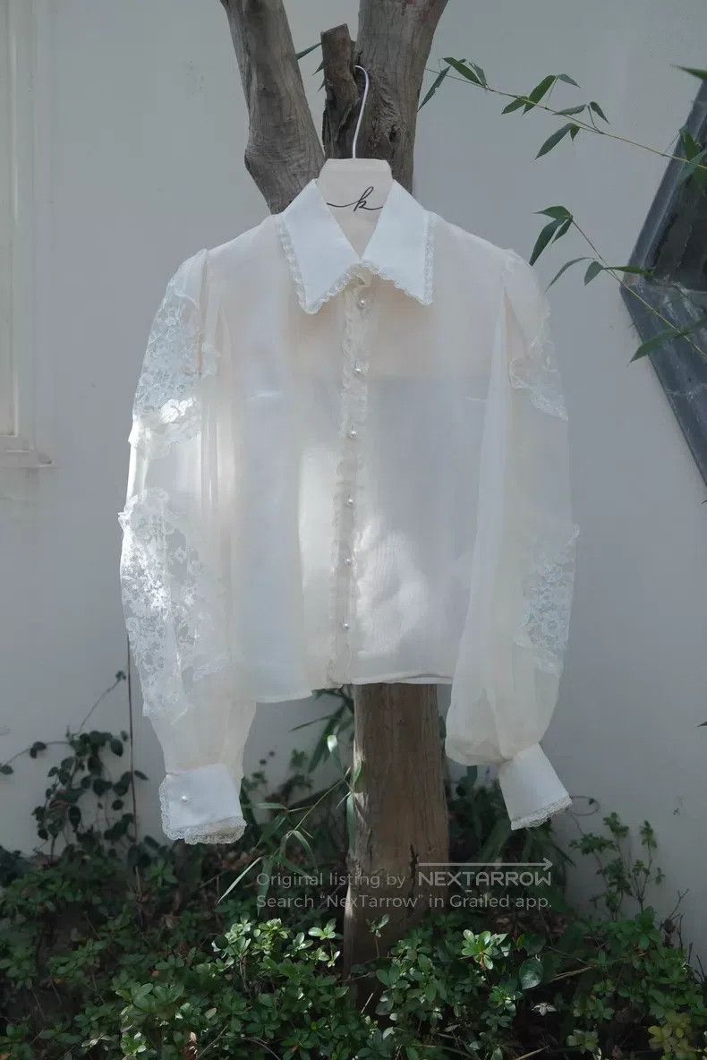 Valentino Valentino Silk pearl diamond-encrusted lace puff sleeve sh Size S / US 4 / IT 40 - 2 Thumbnail