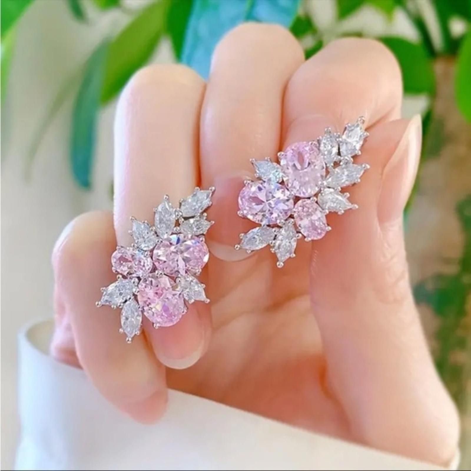 3Ct Oval Cut Pink CZ Flower Stud Earring 14K White Gold