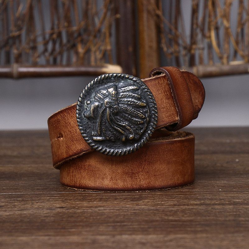 Leather Red Indian Brass Buckle Belt Size ONE SIZE - 8 Thumbnail