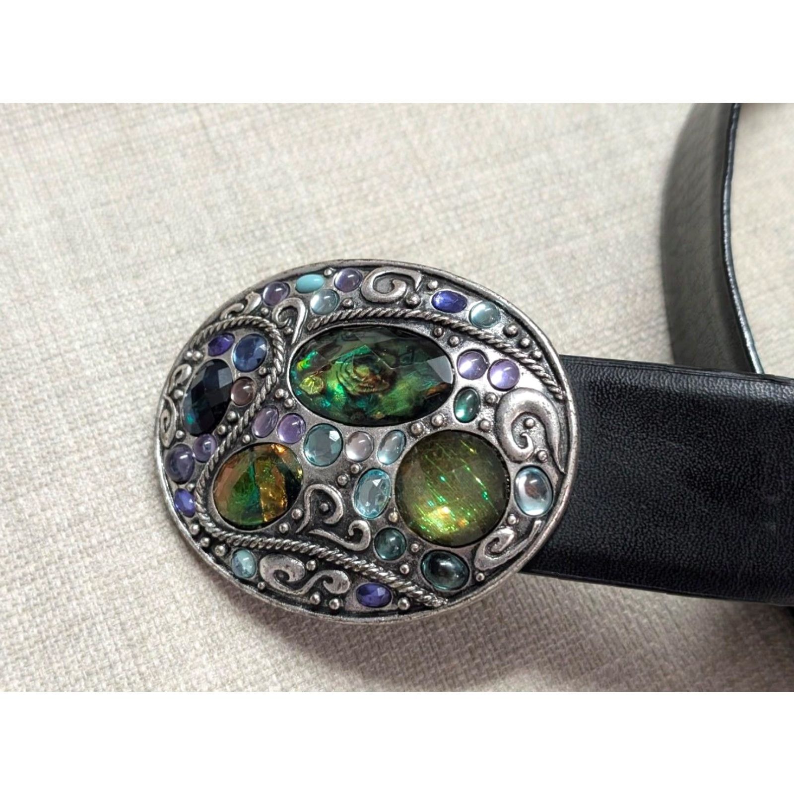 Vintage Chicos black leather belt rhinestone gem-stone insets one size 22-36 Women Size ONE SIZE - 3 Thumbnail