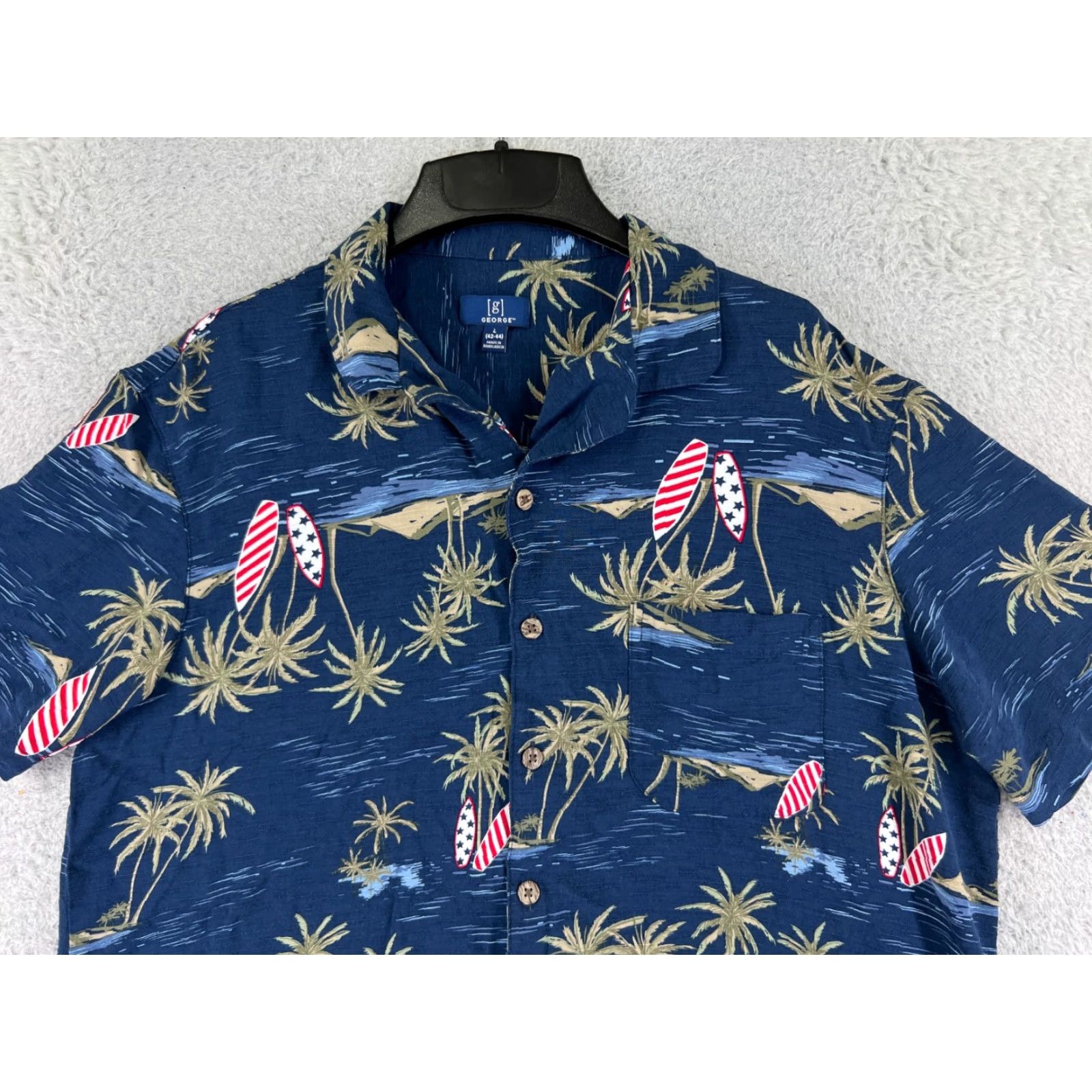 George George Shirt Mens Large Blue American Flag Surf Boards Palm Island 100% Rayon Size US L / EU 52-54 / 3 - 4 Thumbnail
