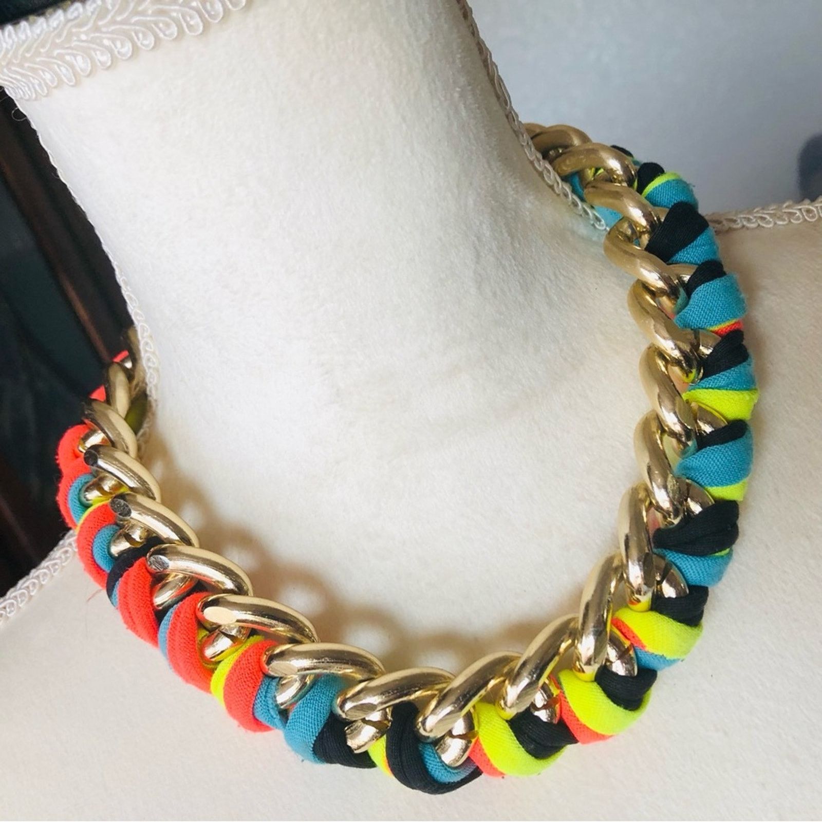 Handmade Hand crafted colorful ribbon braided gold chain necklace Size ONE SIZE - 1 Thumbnail