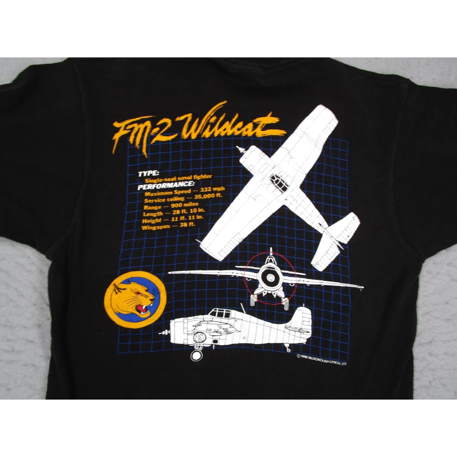 Fruit Of The Loom VINTAGE FM-2 Wildcat Shirt Mens Medium Black 1988 Navy Fighter T-Shirt Patriotic Military Graphic Print USA Made in USA Men's Shirt Size US M / EU 48-50 / 2 - 6 Thumbnail