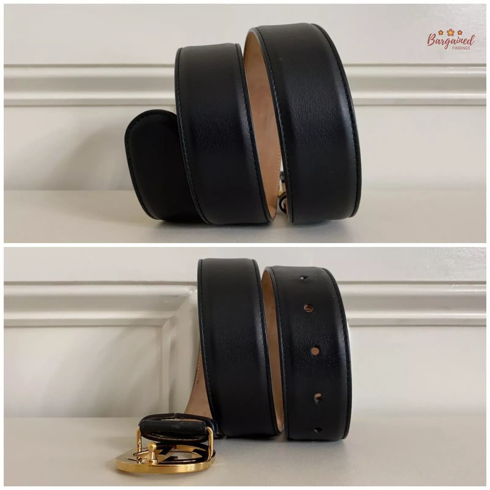 Gucci Gucci Black Calfskin Leather Gold Interlocking G Buckle Belt Size 28 - 3 Thumbnail
