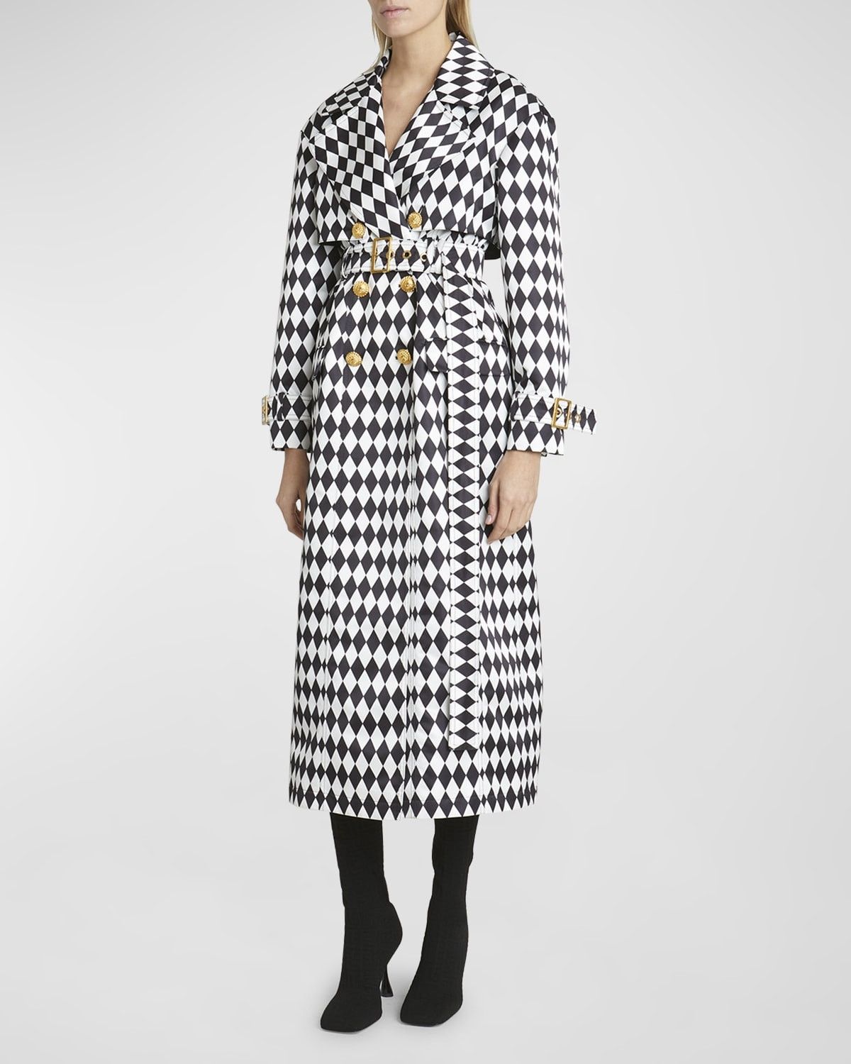 Balmain o1s1wg110825 Diamond Print Belted Trench Coat in Black/White Size L / US 10 / IT 46 - 6 Thumbnail