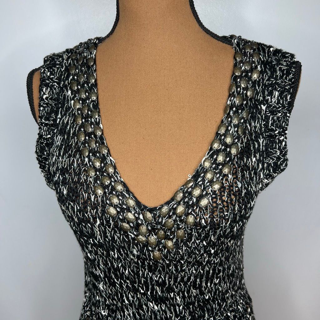 BCBGMaxazria Black Gray Beaded Loose Knit Beachy Sweater Dress, Women’s Medium