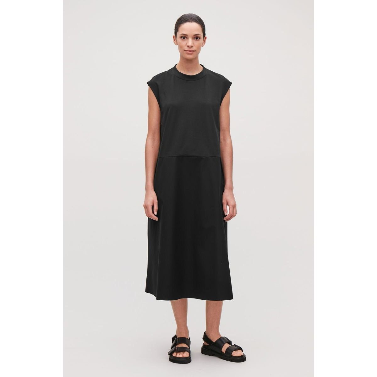 Cos COS Black Sleeveless Woven-Panel Midi Dress S Minimalist Size S / US 4 / IT 40 - 1 Thumbnail