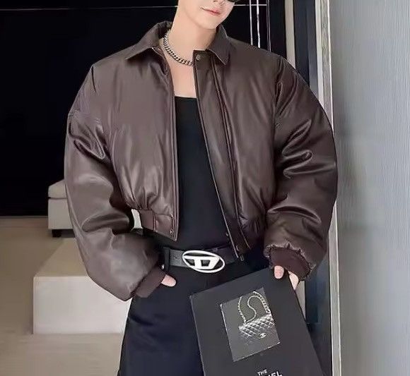 Japanese Brand CROPPED Vegan Leather Bomber Jacket - Boxy Streetwear Puffer Size US M / EU 48-50 / 2 - 8 Thumbnail