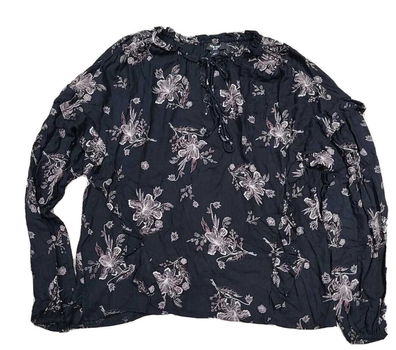 Designer Nine West Top large Boho Black Floral Blouse long sleeve Size L / US 10 / IT 46 - 1 Thumbnail