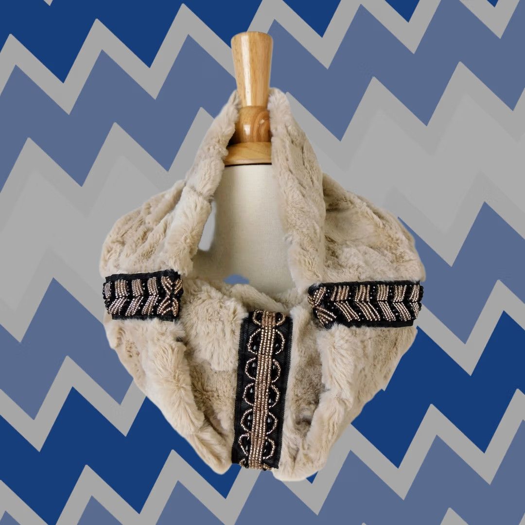 Vintage INC International Concepts Beaded Faux Fur Cowl Neck Scarf Beige Women Scarf 14" x 10" Faux Fur Neck Warmer 100% Polyester INC26164A Size ONE SIZE - 1 Thumbnail