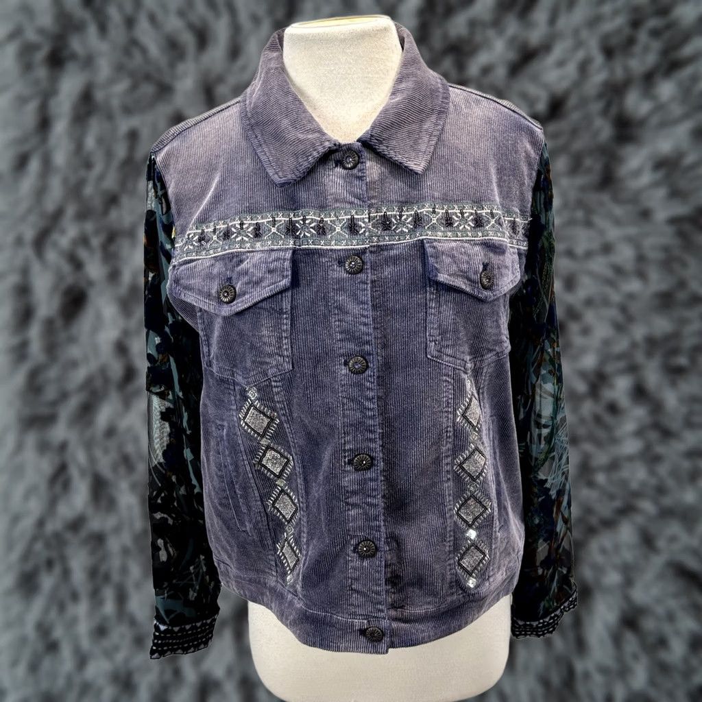 Vintage John Mark Corduroy Trucker Jacket Women’s L Beaded Sheer Floral Sleeves Boho Size L / US 10 / IT 46 - 1 Thumbnail