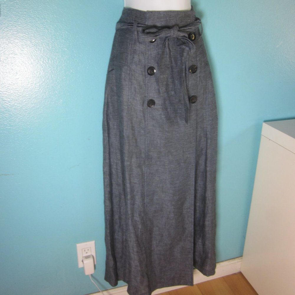 image of Marissa Webb Denim Blue Linen Maxi Skirt Womens Size 6 With Matching Waist Tie