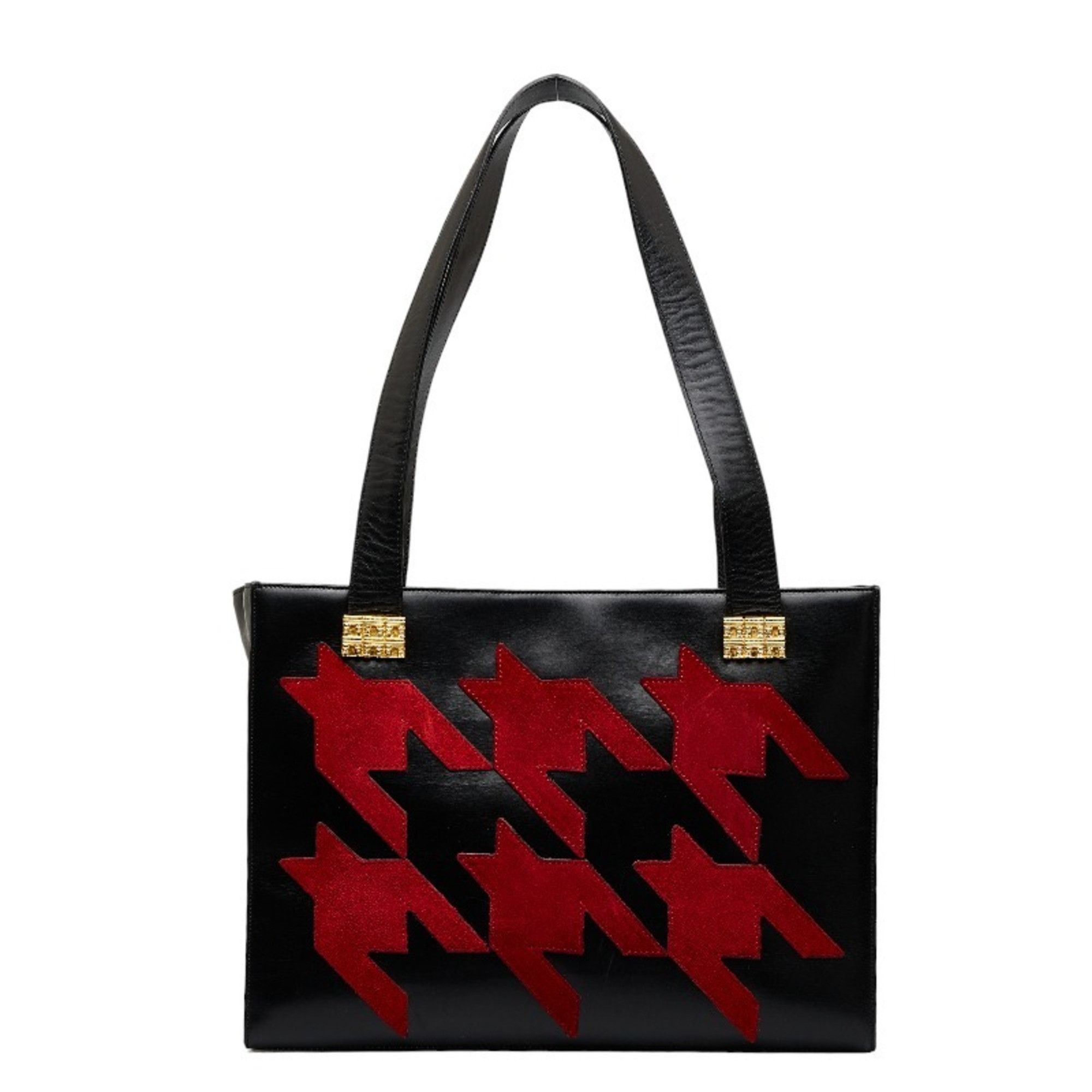 image of Celine Houndstooth Handbag Black Red Leather Women's Celine