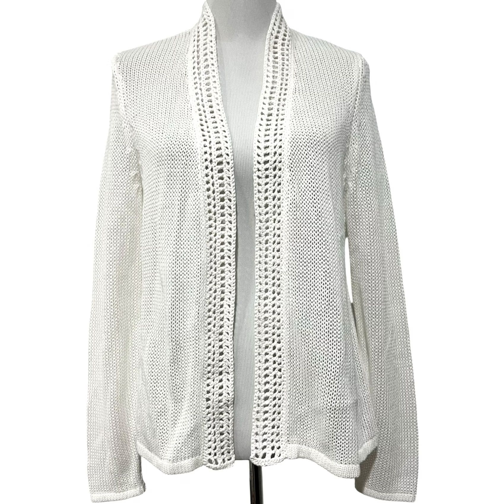 J.McLaughlin J McLAUGHLIN Cardigan White Linen Cotton Delila Large Open-Knit Long Sleeve Women's Summer Coastal European Vintage? (omit if not vintage) Size L / US 10 / IT 46 - 2 Thumbnail