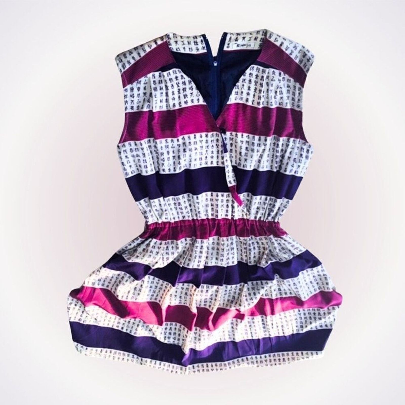 Vintage Vintage Asian Writing Striped V-Neck Mini Dress | Sz M Size M / US 6-8 / IT 42-44 - 1 Thumbnail